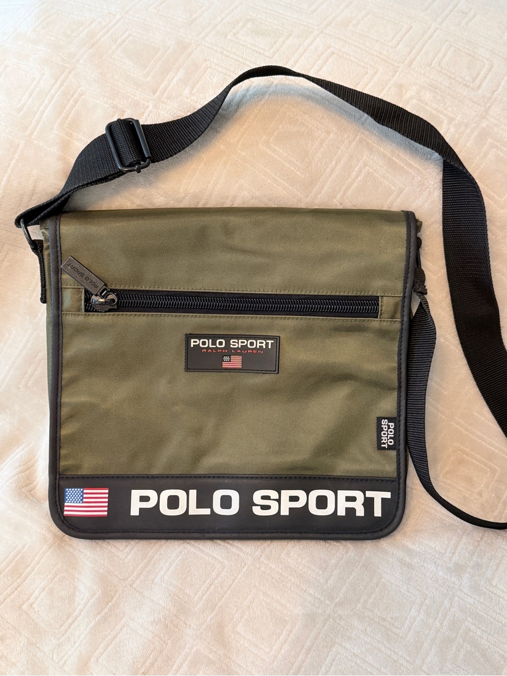 Vintage 90s Ralph Lauren Polo Sport Messenger Bag Olive Green Nylon - flag logo